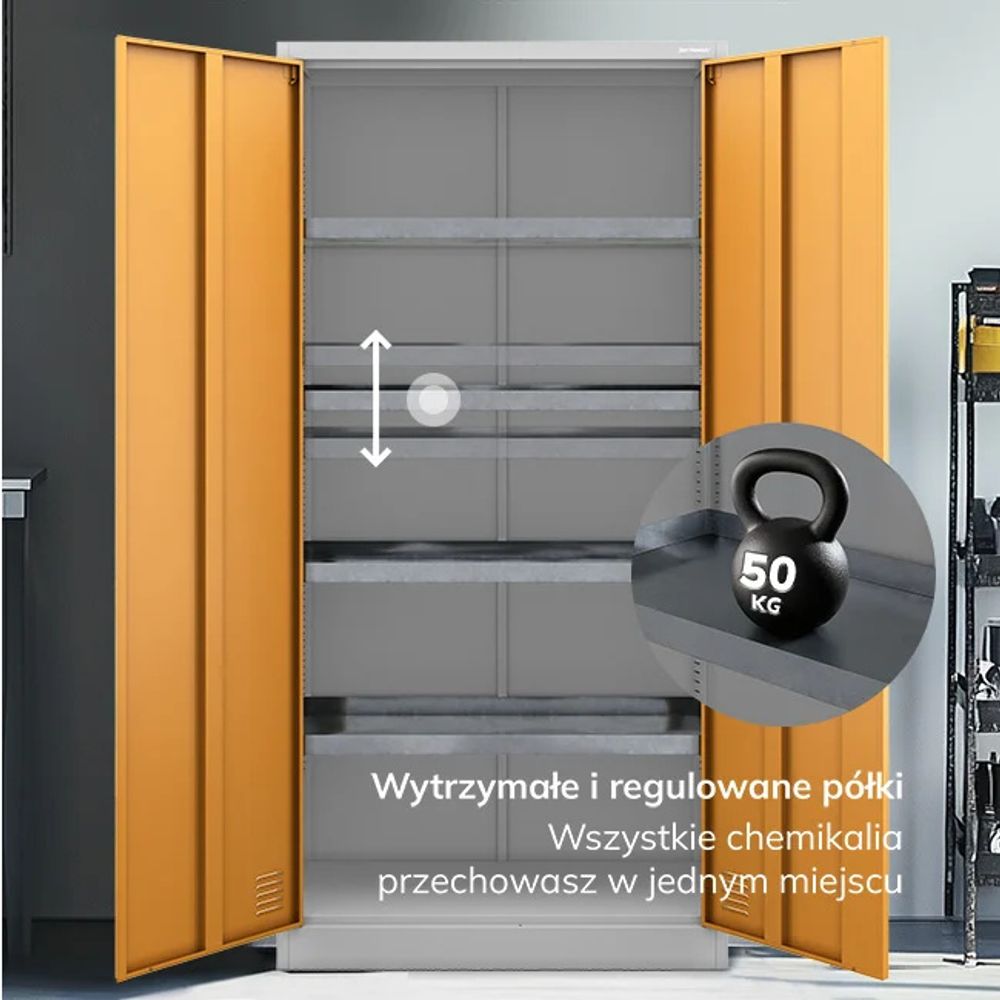 Jan Nowak Szafa środowiskowa Szafa na substancje niebezpieczne Szafa na środki ochrony roślin Szafa na chemikalia Szafka na środki opryskowe MARIA 185 x 90 x 40 cm szaro-żółta