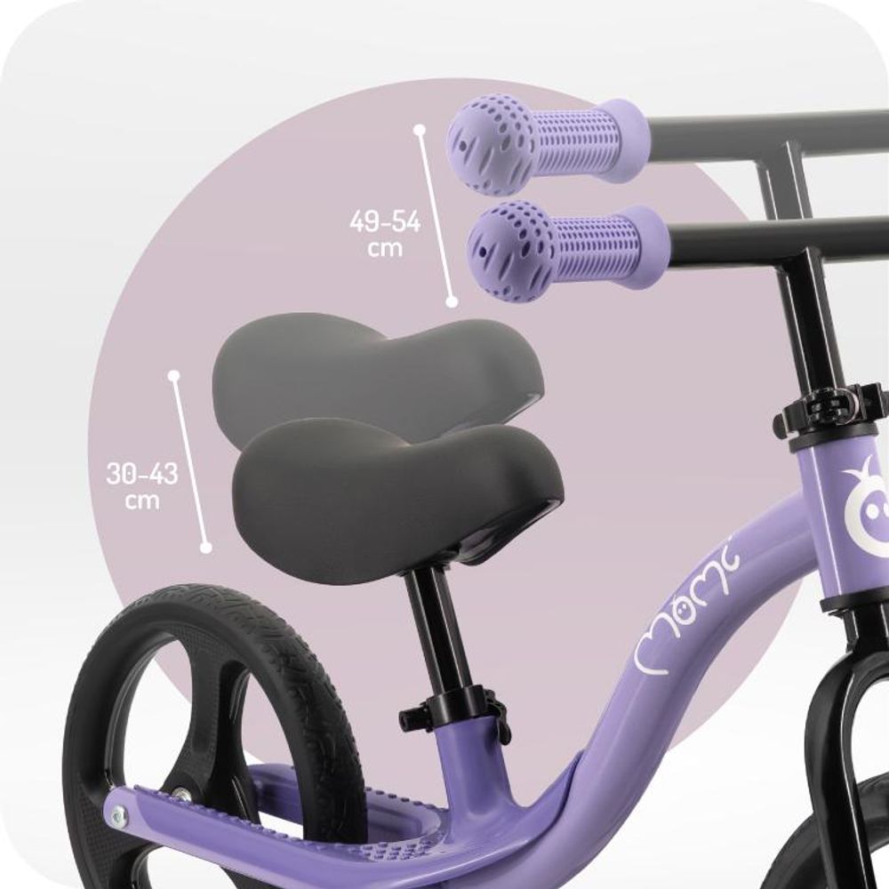 MoMi ISOKA – 10 Zoll Laufrad mit LED-Leuchten (Dynamo), höhenverstellbar ohne Werkzeug, mit Fußstütze, ab 2 Jahren, bis 35 kg – Lila