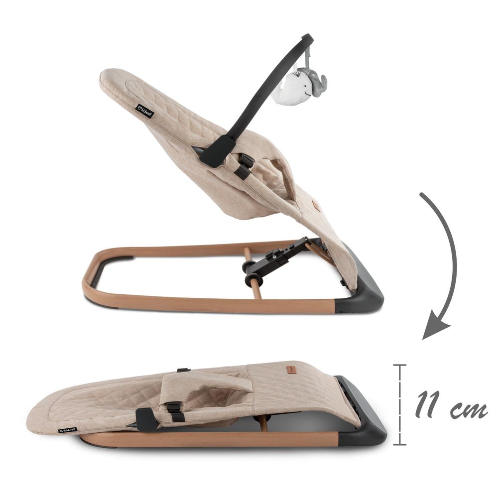 Kidwell LARO Babywippe – Ergonomische Babyschaukel mit 3-Punkt-Gurt, 3-fach verstellbarer Rückenlehne, Spielbogen & faltbar (Beige/Wooden)