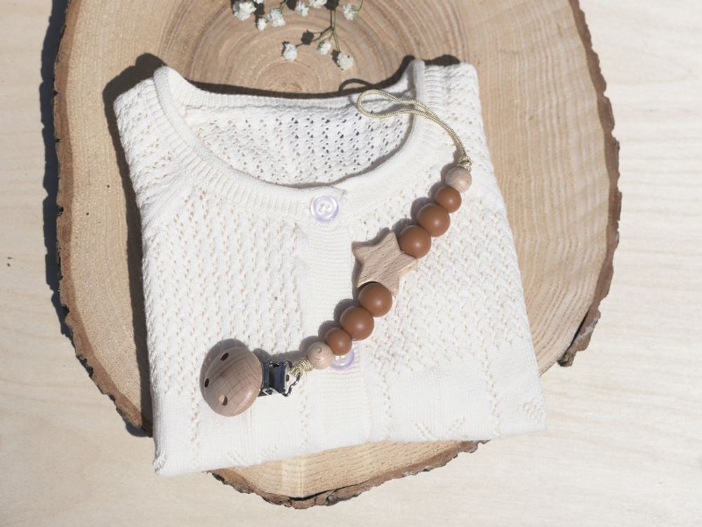 Zayno® Schnullerkette "Sternchen" in Blaugrau | Silikon, Holz, Geschenk zur Geburt, Baby, Schnullerband, Halter, Silikon-Holz, Neugeborenes
