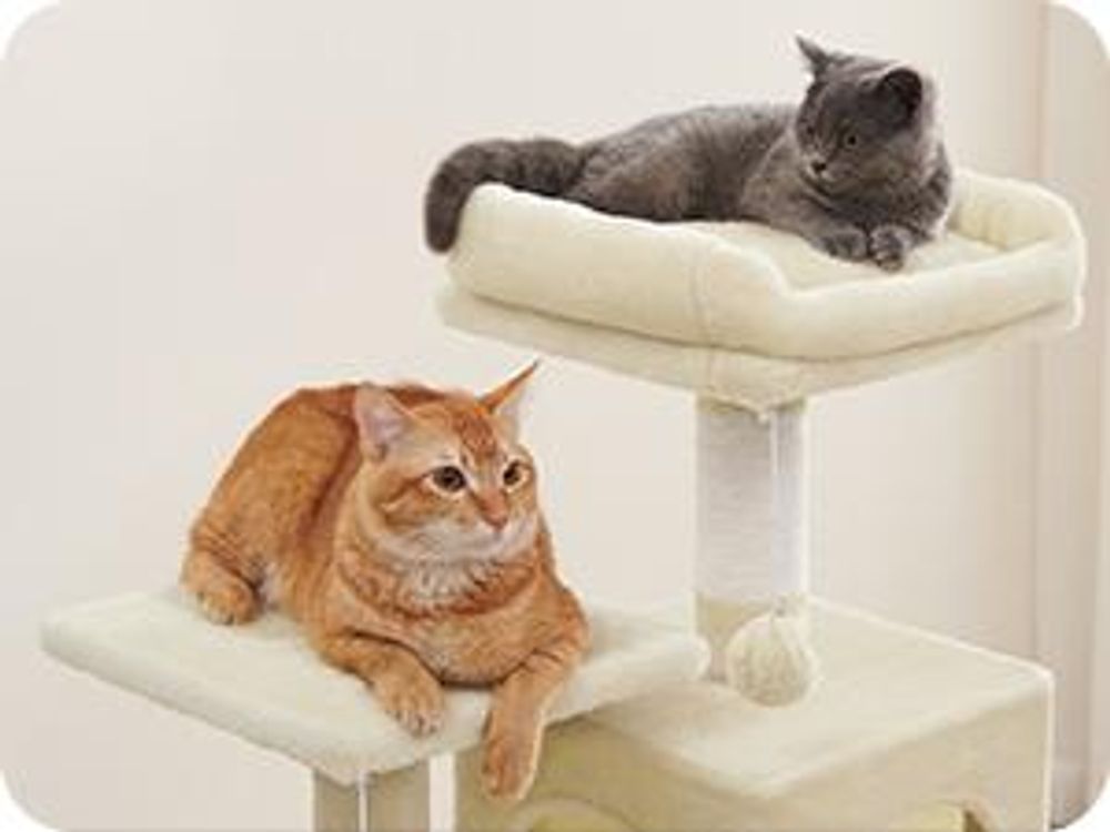 FEANDREA Kratzbaum, 112 cm, Katzenbaum mit Hängematte, mehrstöckiges Katzenhaus, Beige