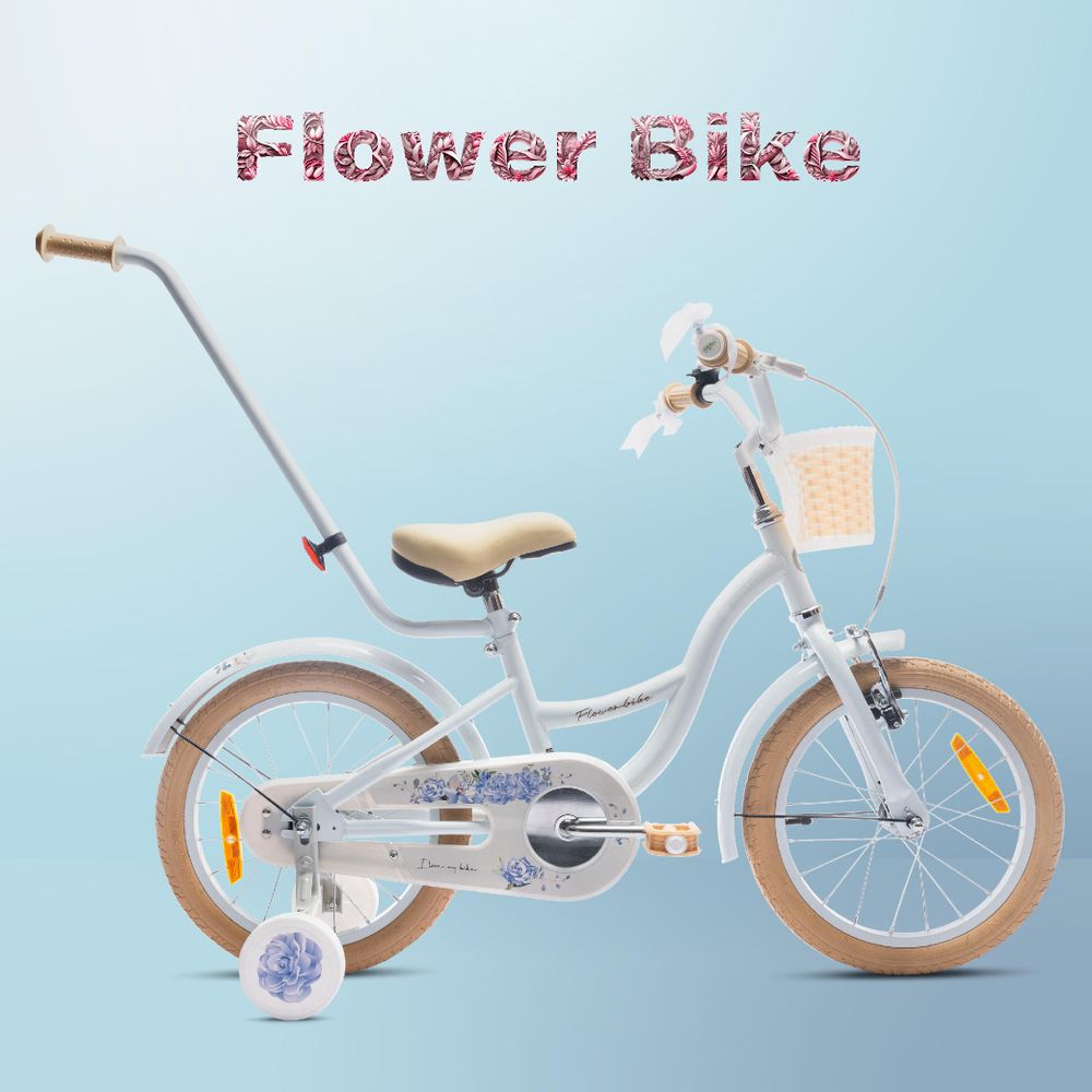 Bicicleta Flower Bike con barra de empuje y ruedines visible sobre fondo azul.