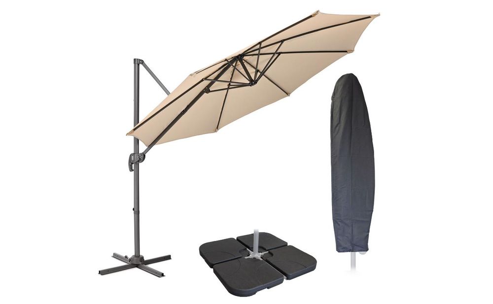 Sonnenschirm mit Abdeckhaube und Sonnenschirmständer