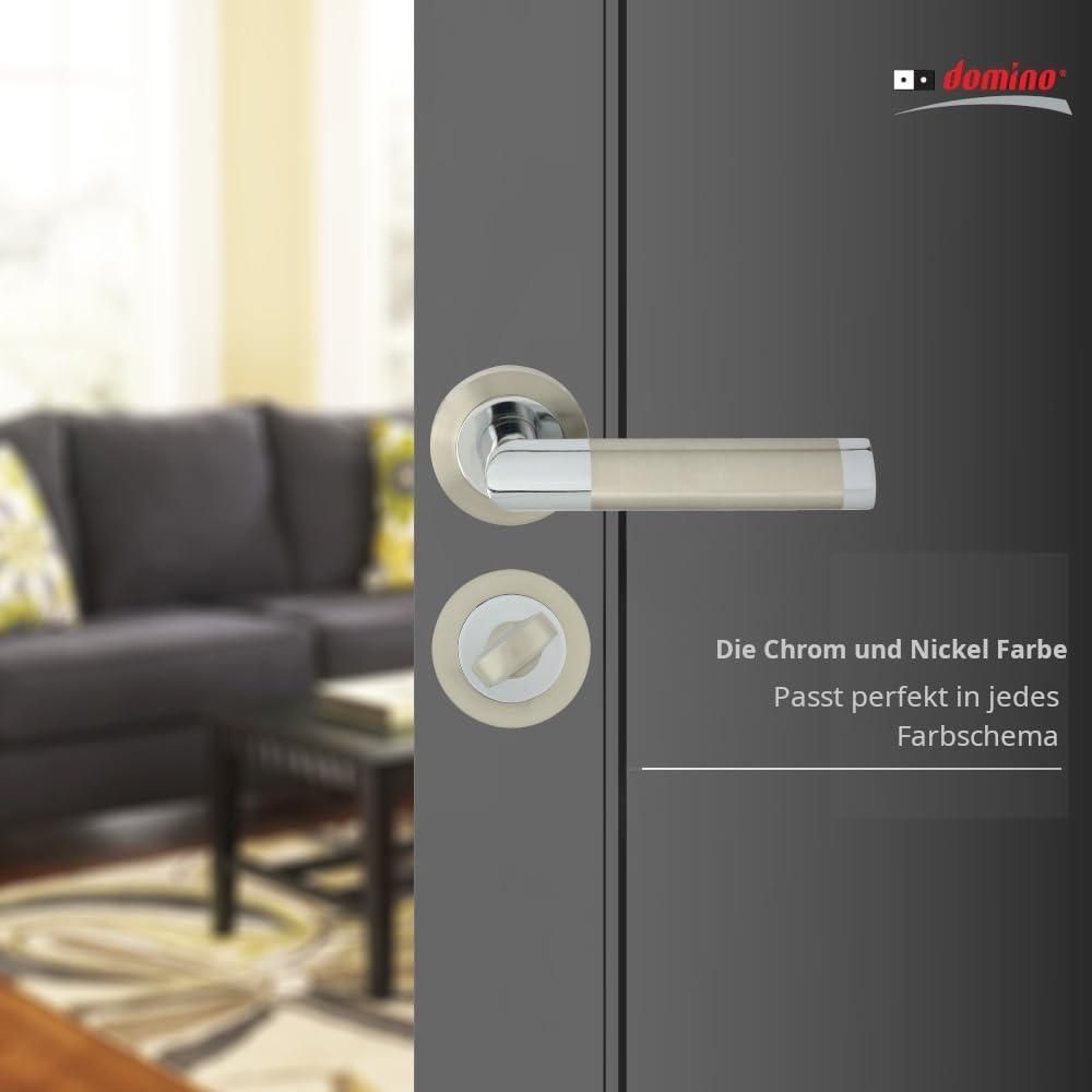 DOMINO Türgriff Drückergarnitur WC -Badezimmer Set | Rund-Rosette | Türklinke für Bürotür, Kellertür & Innentür | Türbeschläge aus Aluminium | Chrom/Nickel Türdrückergarnitur | JARO-R ECO M6/M9