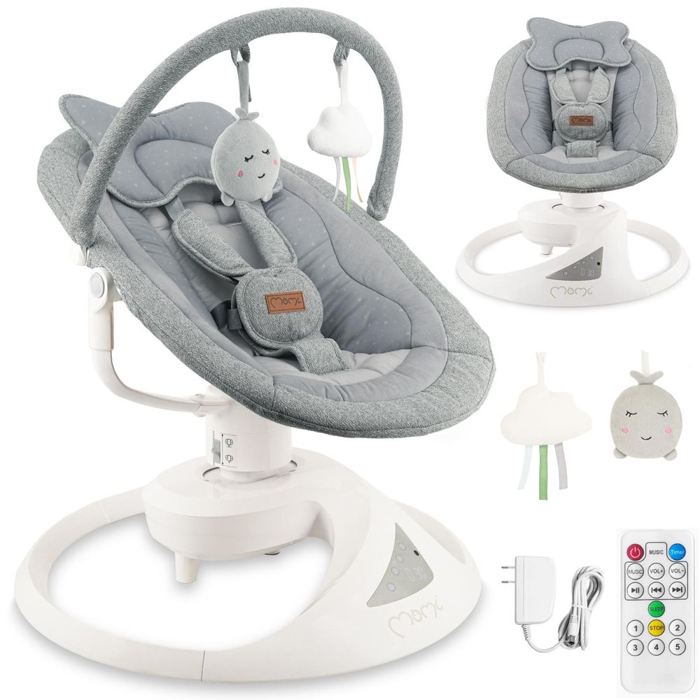 MoMi PEARL – Babywippe mit Bluetooth, 360° Sitzdrehung, 2 Modi, Nummern‑Panel – Grau