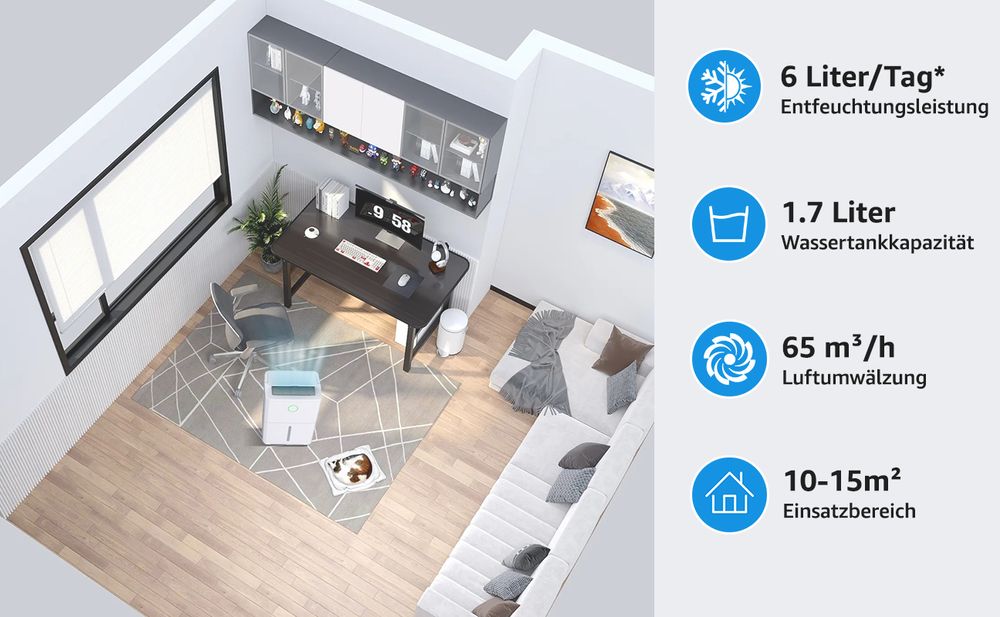 KNKA Luftentfeuchter, 6L/24h Luftentfeuchter Elektrisch, Geeignet für Raumgrößen bis zu 45m³(15m²), Leiser Entfeuchter mit farbigem LED-Ring, Raumentfeuchter für Keller Schlafzimmer Bad