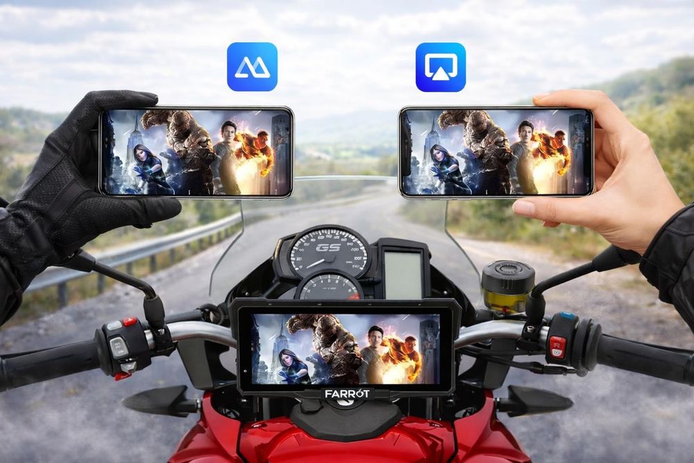 Motorcycle display showing Apple CarPlay and Android Auto interface with smartphone connected