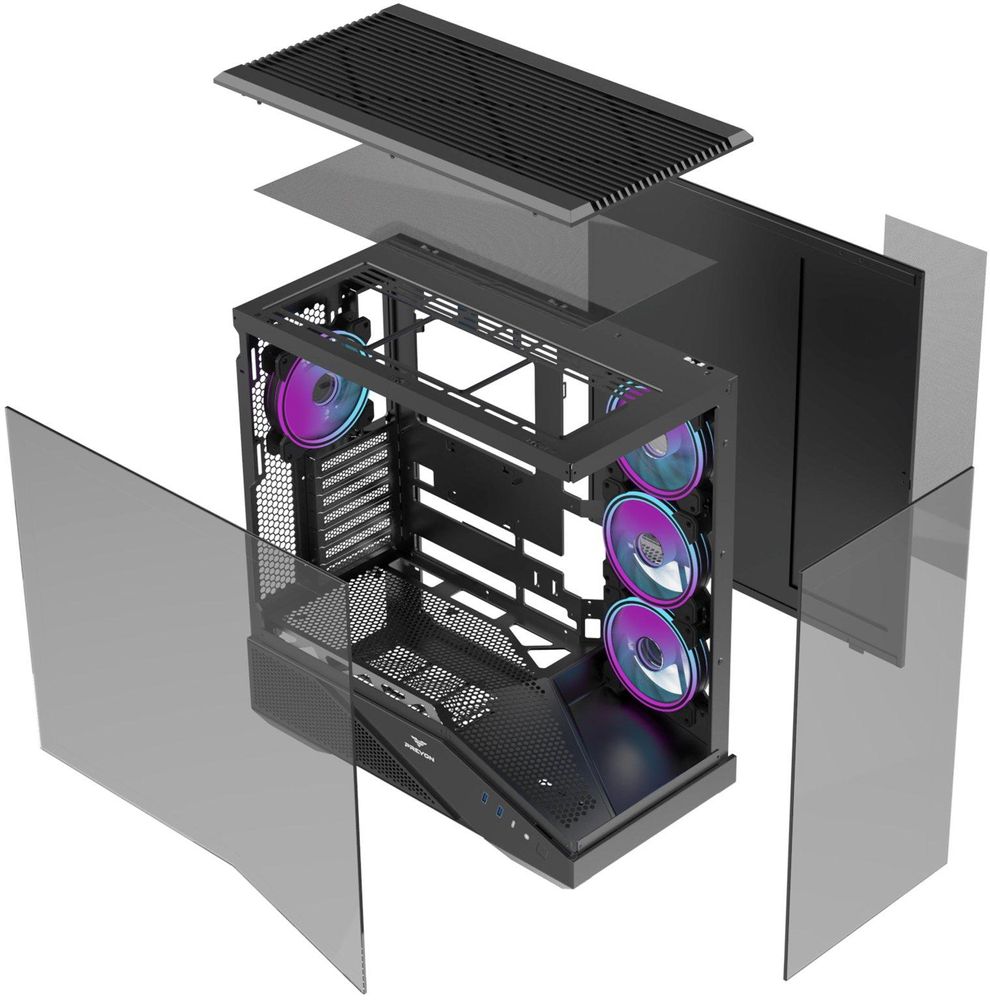 PREYON Nest Seaview Gaming PC Gehäuse ATX ARGB - Gehärtetes Glas Panorama-Design USB-C 360 mm AIO Wasserkühlung Effiziente Kühlung Schwarz Premium