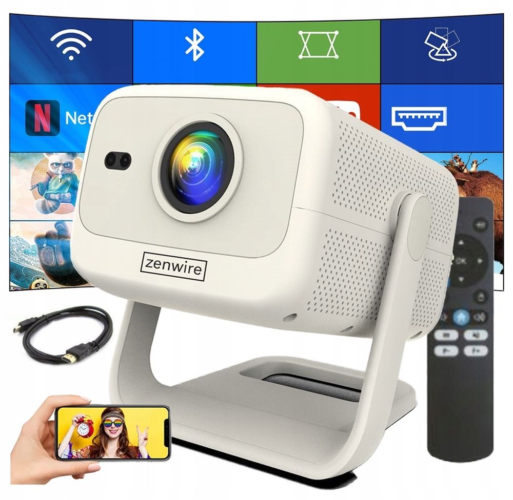 Projektor ZENWIRE so systémom Android, WiFi, Bluetooth, Full HD, podpora 4K, 12000 lumenov, automatické zaostrovanie, prenosný, mini projektor pre domáce kino a kanceláriu "H8"