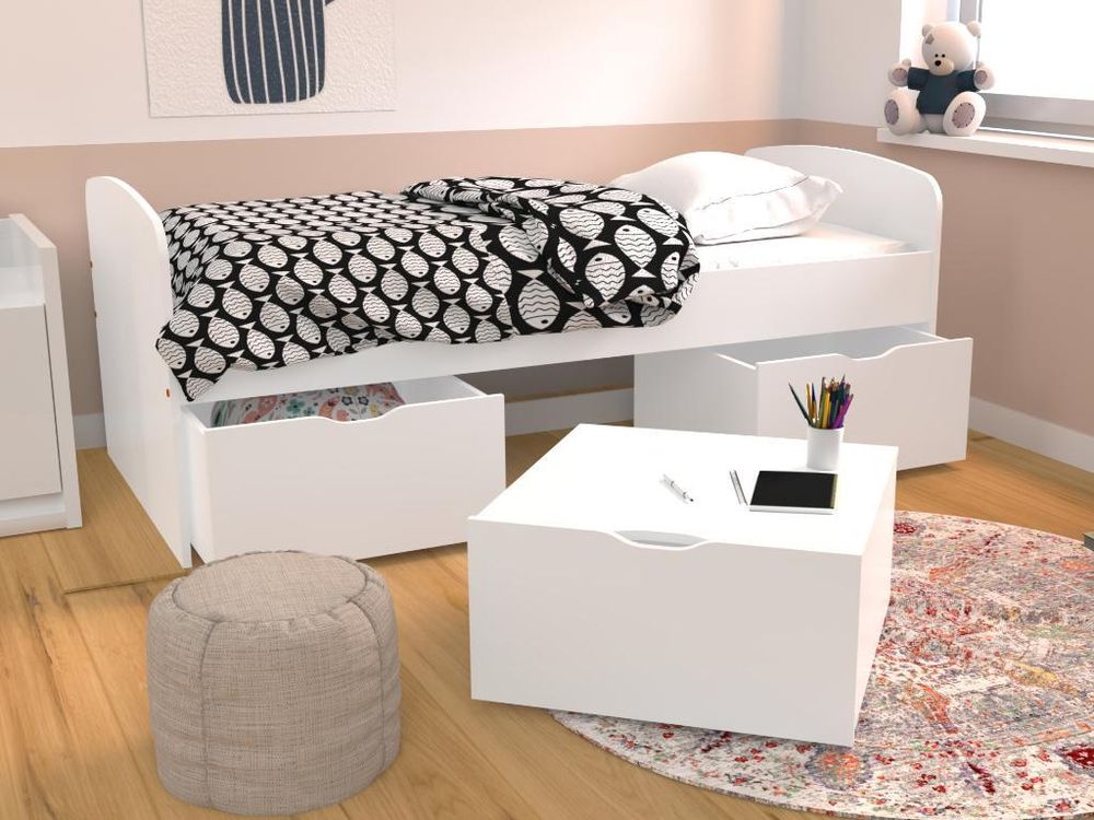 LOUANE Bett mit 2 Schubladen und 1 mit Kommode - 90x190 c m - Farbe Weiß