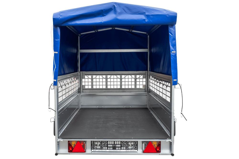 Planenanhänger 230x125 Garden Trailer 230 KIPP mit Laubgitteraufsatz, blauer Hochplane, Hochspriegel und Stützrad