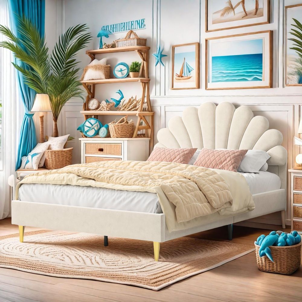 Fortuna-Lai Polsterbett Doppelbett 140x200cm - mit Geblümtem Kopfteil, Lattenrost, Samt, Skandinavischer Stil - Beige