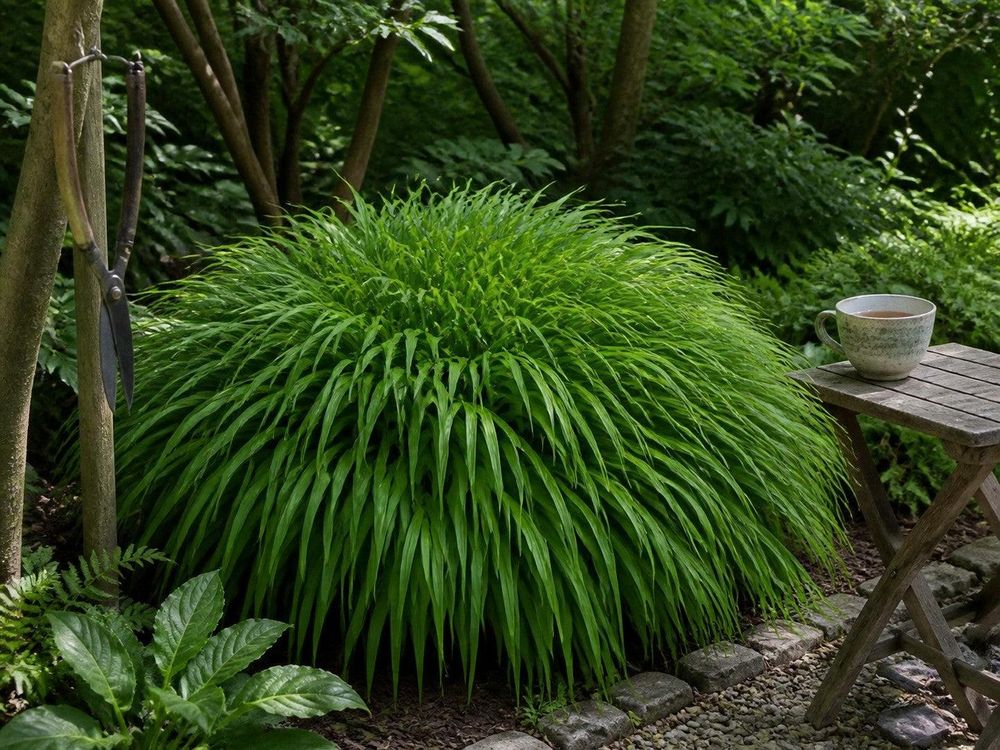 Entspannte Gartenszene, Schere hängt unbenutzt am Haken, gepflegter Horst davor.