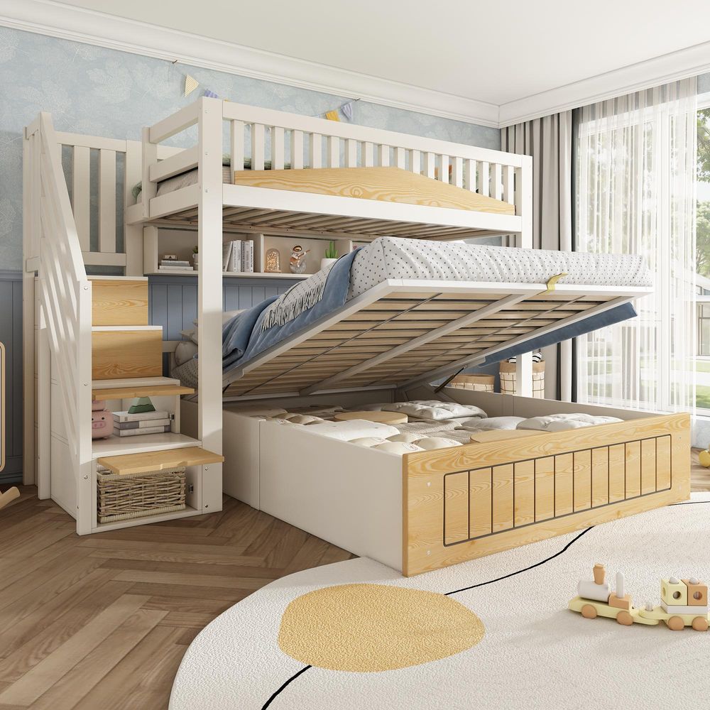 Flieks Hydraulisches Etagenbett 90x200cm/140x200cm mit Stauraum, Hochbett mit Ladefunktion, Kinderbett Stockbett mit Regal und Schubladen, Weiß