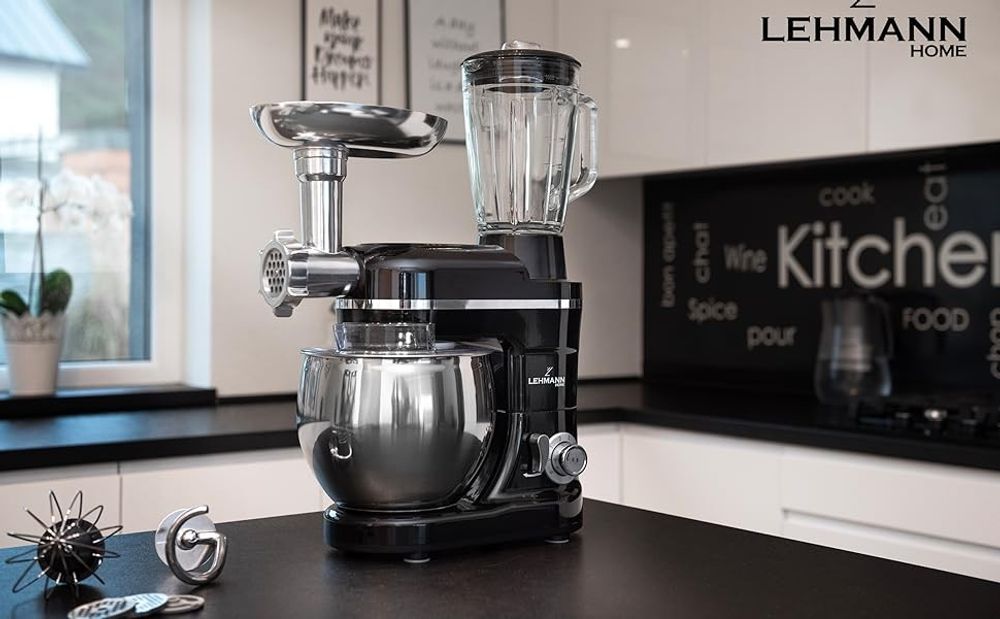 Lehmann Mastic, Planetarische Küchenmaschine, Fleischwolf, Mixer - 3 in 1, 1300 W, 6 Geschwindigkeiten, 5 l Schüssel, 7 kg, Schwarz