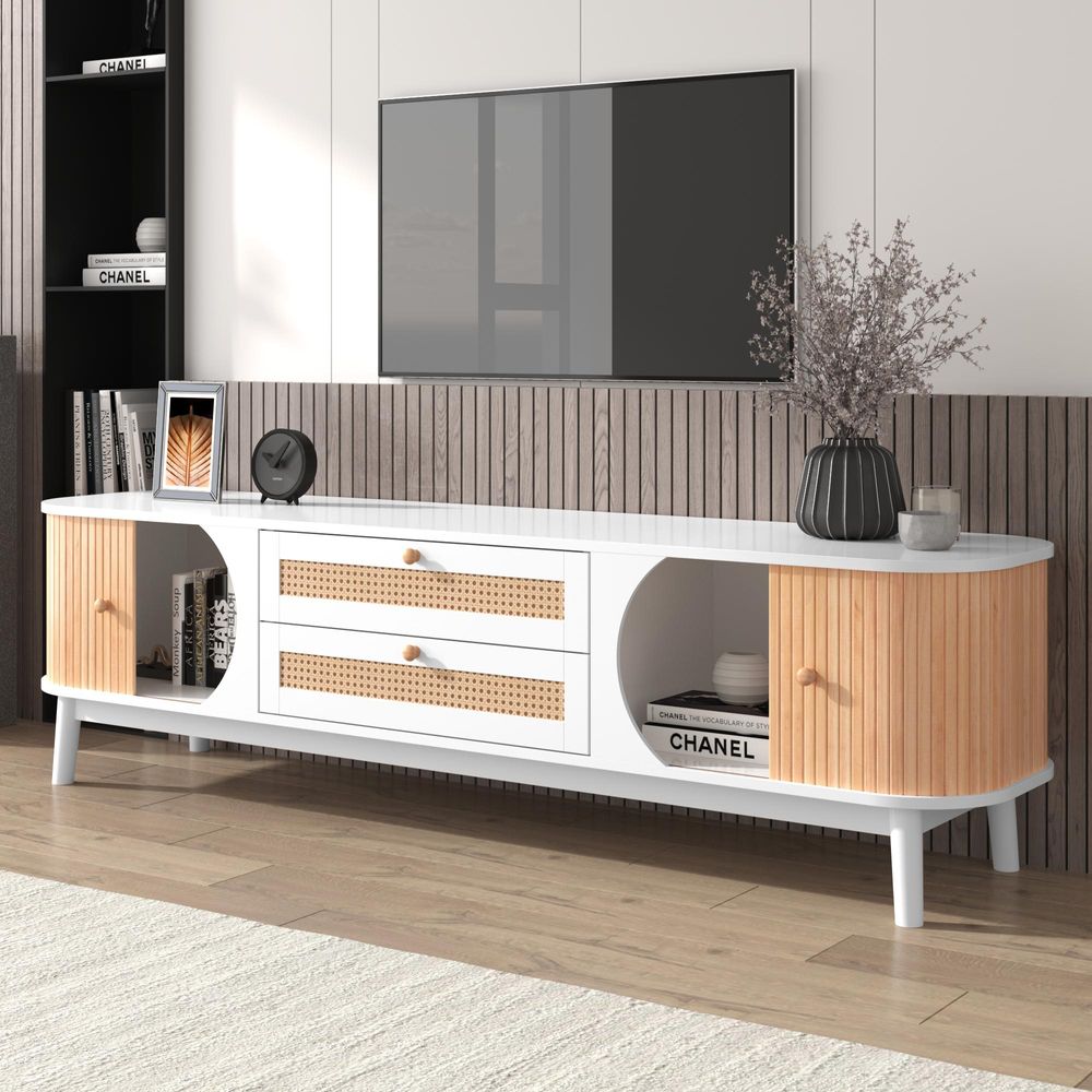 Merax TV-Schrank mit 2 Schubladen und 2 Bogenschiebetüren, Lowboard mit Rattan-Geflecht, Breite 170cm, Weiß