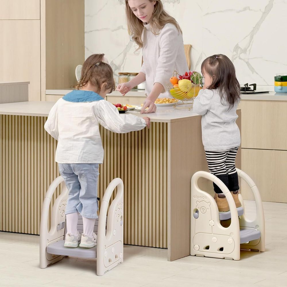 Onasti Tritthocker für Kinder, 2 Stufen höhenverstellbar Kinderhocker für Baby mit Griffen zweistufiger Tritthocker von ca. 1,5 bis ca. 5 Jahren, Grau