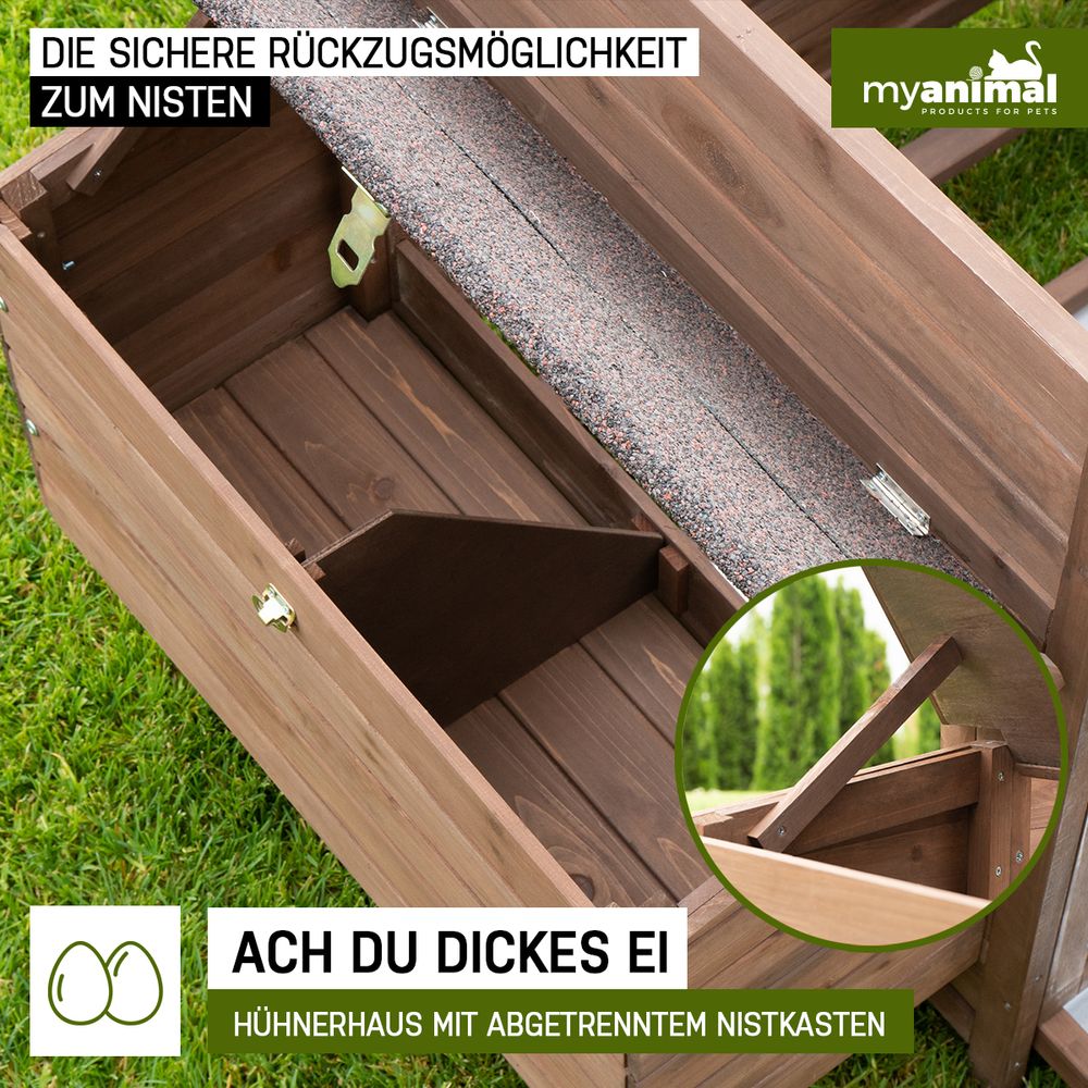 MyAnimal Hühnerstall MH-11 | Für 3 Hühner - Hühnerhaus Voliere - Sitzstange - Nistkasten - Eiablage - Dach Wasserabweisend & Abnehmbar - (Dunkelbraun)