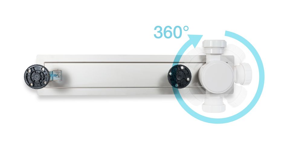 Lineare Duschrinne mit seitlichem 360°-Siphon und verstellbarer Abflussrichtung