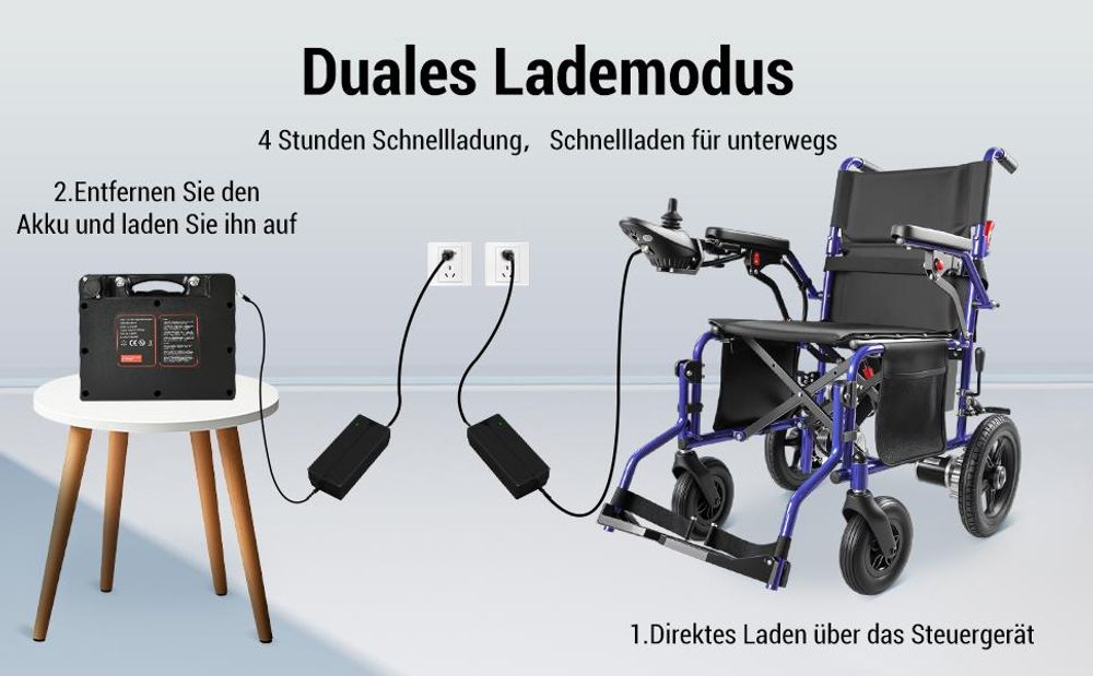 Elektrorollstuhl faltbar mit Joystick, Faltrollstuhl für Erwachsene, Armlehnen, Fußstützen, Sicherheitsgurt, bis 150 kg, Pflegealltag