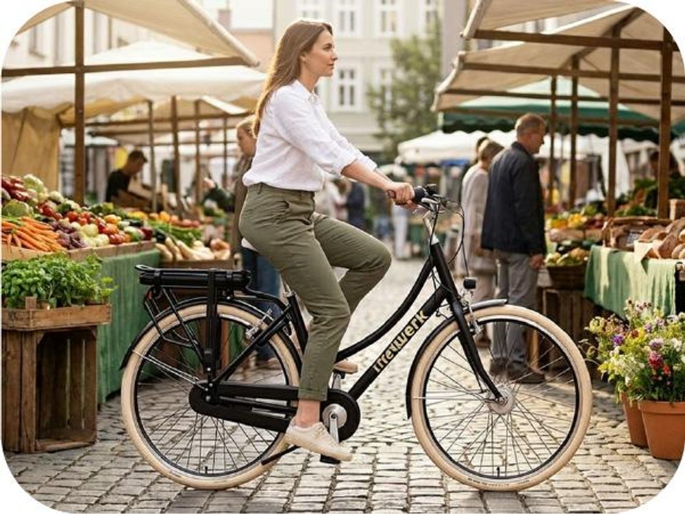 Eine Frau radelt auf dem Aurora an einem Wochenmarkt vorbei.
