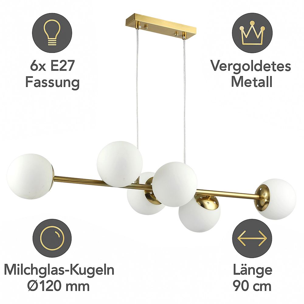 Infografik: Goldene Deckenleuchte Bali, flexible & großzügige Beleuchtung, sechs Glaskugeln.