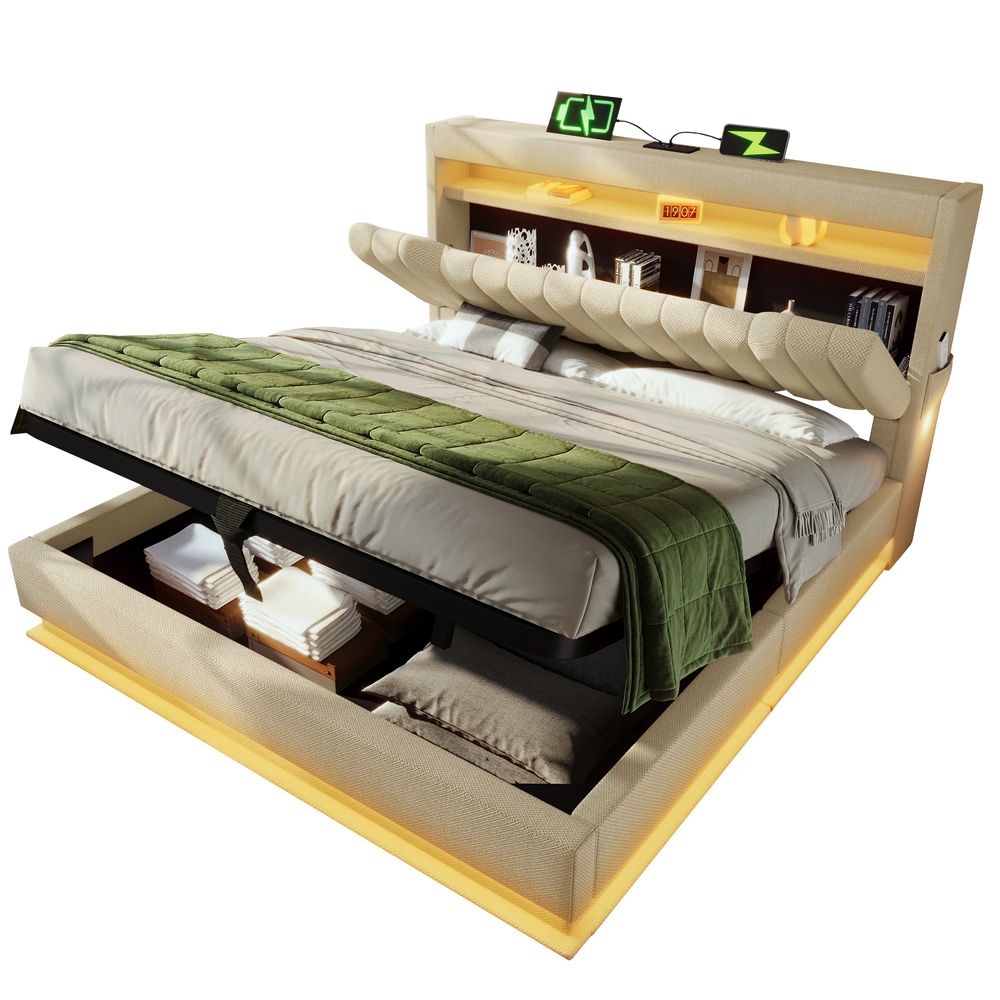 Flieks Polsterbett 180x200cm mit Ladefunktion (USB & Type-C), Doppelbett Jugendbett mit Led, Stauraumbett Boxspringbett mit Stauraum, Leinen, Beige