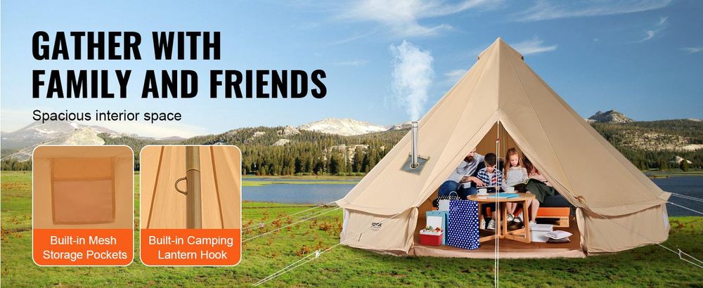 VEVOR Canvas Zelt, 4 Jahreszeiten 5 m/16,4 ft Glockenzelt, Canvas Zelt für Camping mit Ofenanschluss, atmungsaktives Jurtenzelt für bis zu 8 Personen, Familiencamping Outdoor Jagd Party, 6 Personen-4 m