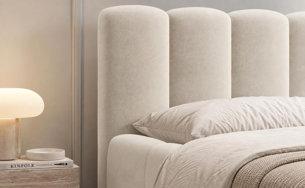 MOEBLO Polsterbett Bubble Bett 18 – Doppelbett Wolkenbett mit Riviera Samt-Velours, gepolstertem Kopfteil, Bettkasten, Gasfedermechanismus und Lattenrost - 180x200 cm - Graubeige (Riviera 24)