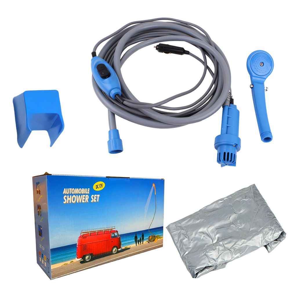 Campingdusche mit Pumpe 12 V, 2m lange Duscheschlauch, Outdoor Dusche für Garten, Strand, Camping, Reisen, Autowäsche, Mobile Dusche, Blau, Retoo