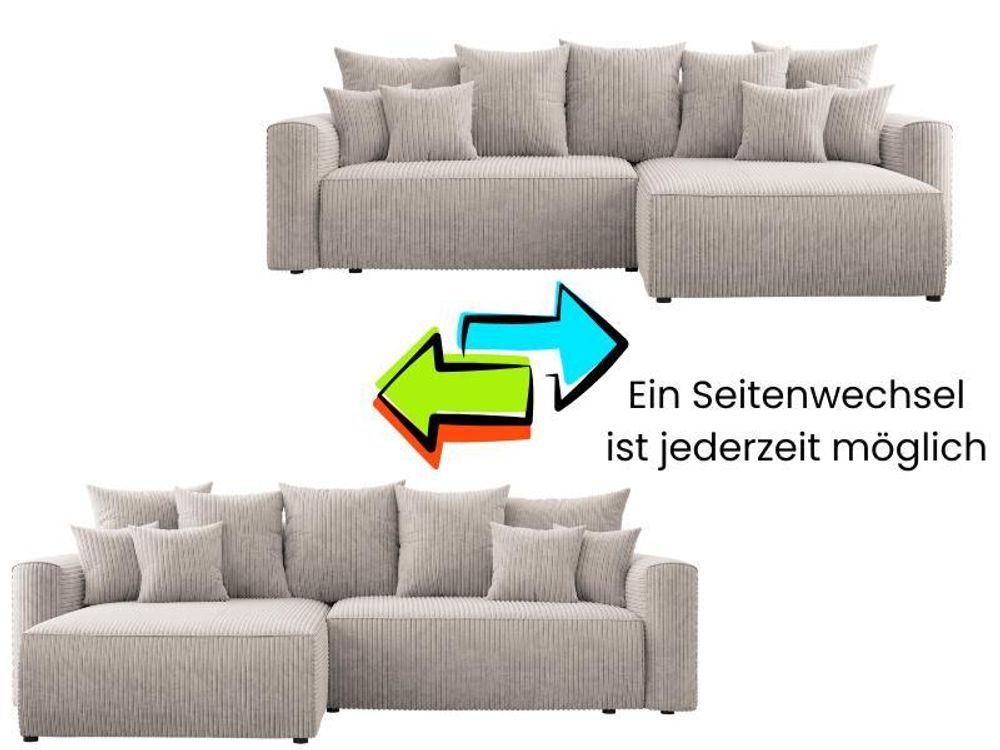 3-Sitzer Ecksofa ANTONIO BARI – 260x160x78cm, Ottomane rechts/links, L-Form, Schlaffunktion & Bettkästen - Eckarniutur, Bezug - Cord in Beige