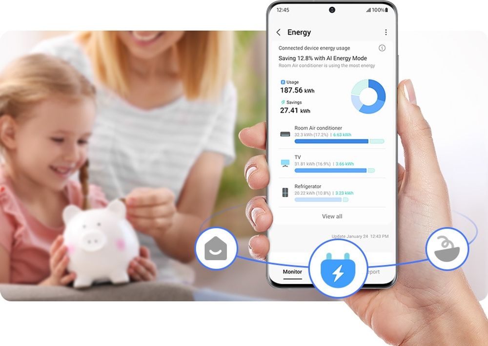 Überwacht und verwaltet den Energieverbrauch von smarten vernetzten Geräten für einen energieeffizienten Umgang im Zuhause und um Geld zu sparen.