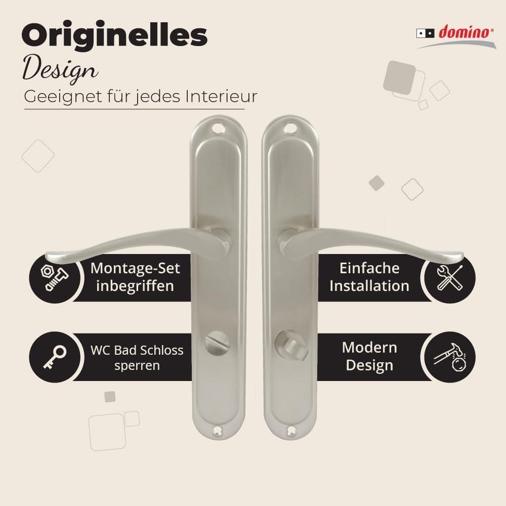 DOMINO Türgriff 78 Drückergarnitur WC - Badezimmer Set | Links & Rechts Türbeschlag für WC/Badezimmertüren | L-Form | Türbeschläge aus Aluminium | Nickel Türdrückergarnitur| BALLEN M9