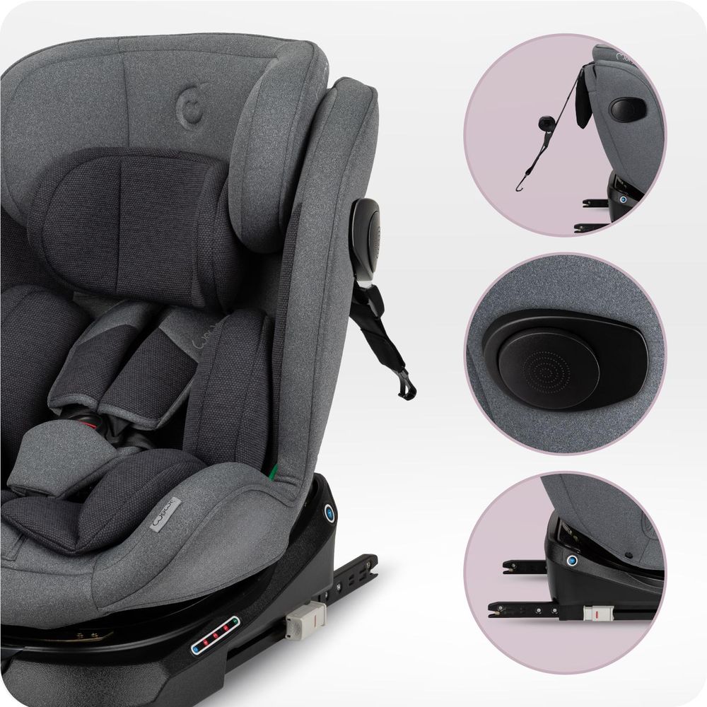 MoMi EMI – i-Size Kindersitz 40–150 cm (0–36 kg), 360° drehbar, ab Geburt rückwärts & vorwärts nutzbar, mit ISOFIX & Top Tether – Grau
