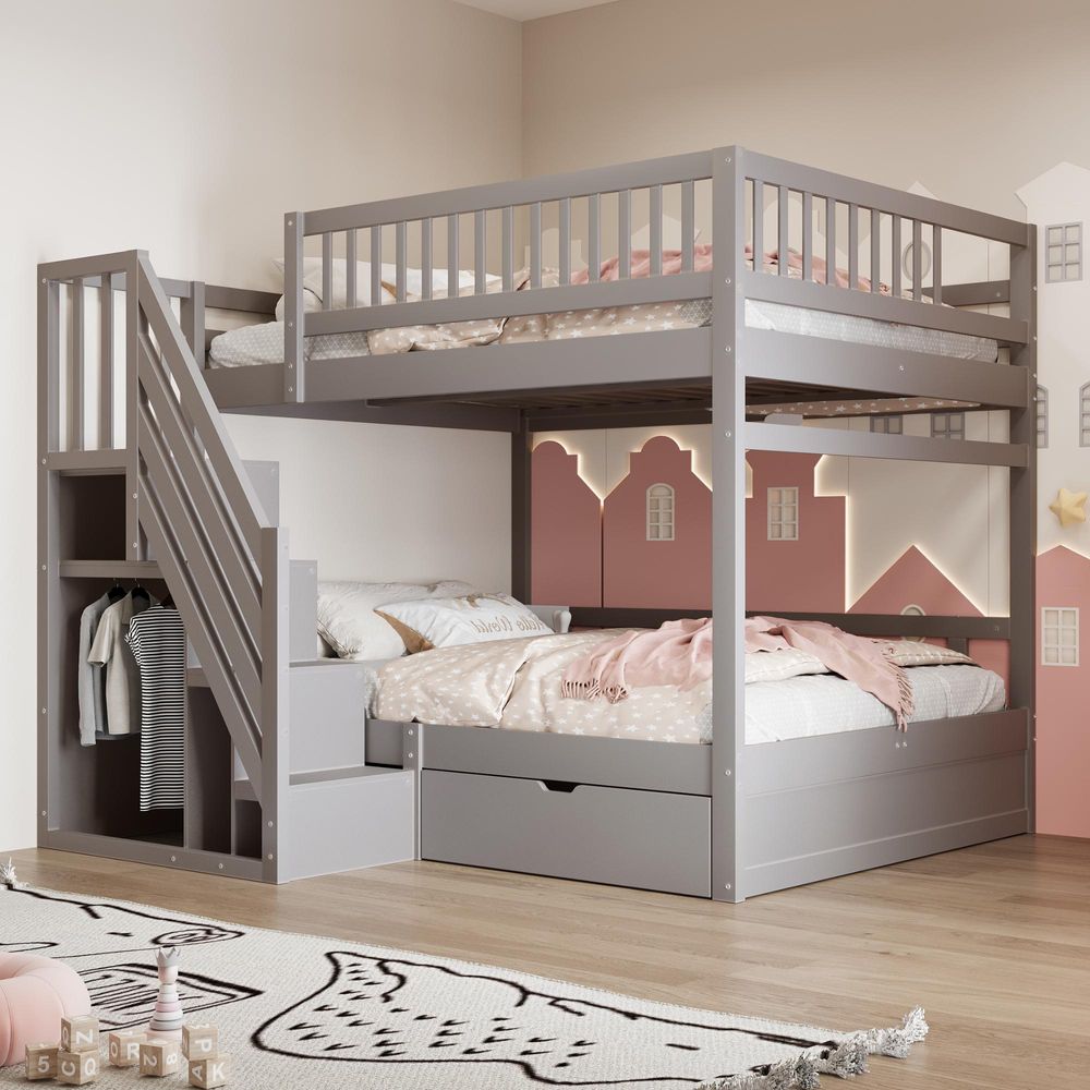 Merax Etagenbett 140x200 cm mit Treppe, Kinderbett für 2 Kinder mit Stauraum, Schubladen und Hohem Geländer, Jungenbett aus Massivholz, Grau