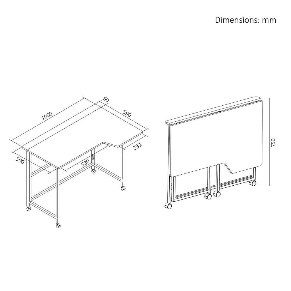 Klappbarer Schreibtisch „Maclean“ schwarz fahrbar 100 x 65 cm max. 50 kg eckig L-Form MC-1250 L/B