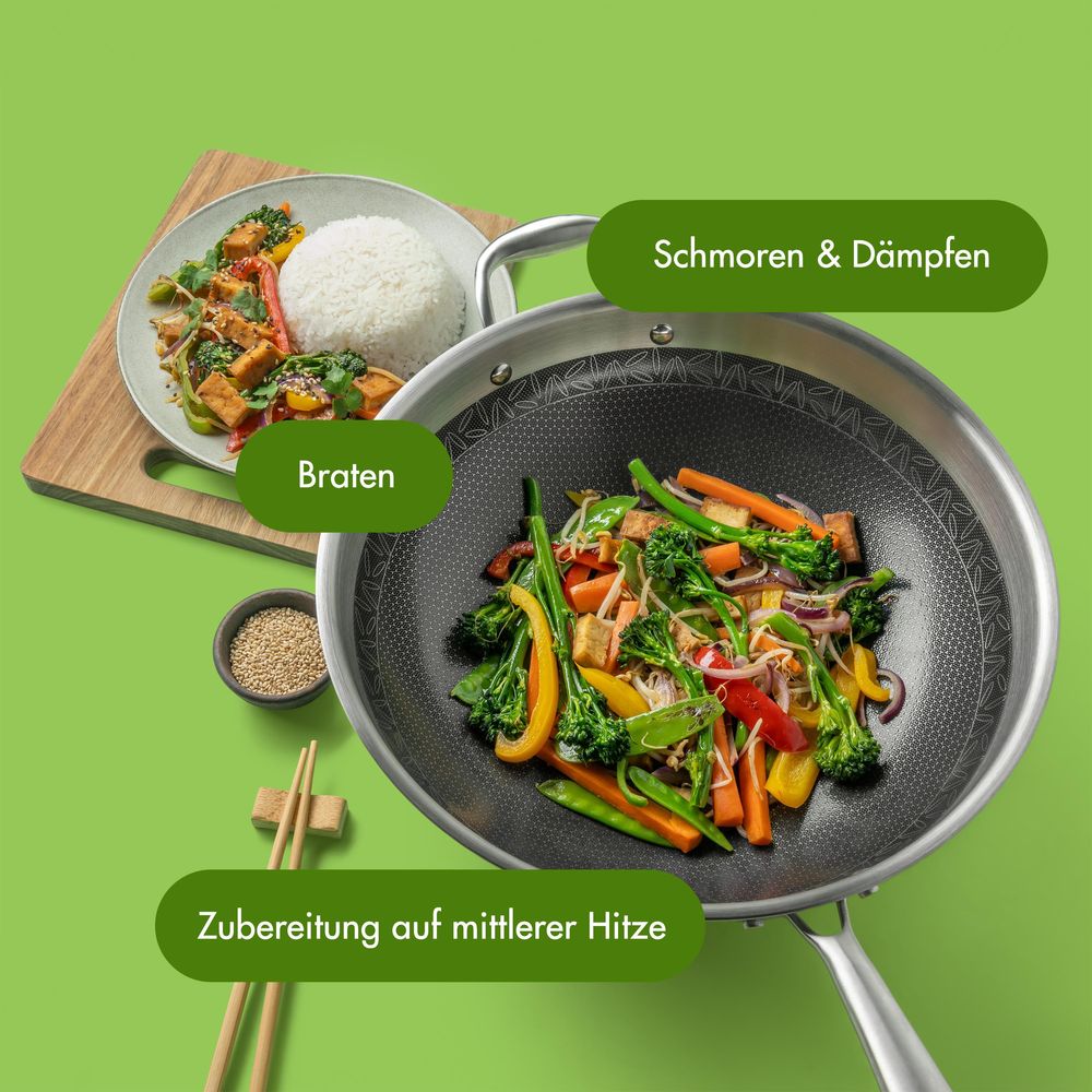 Reishunger Premium Edelstahl Wok – 32 cm Durchmesser – keramische Antihaft-Beschichtung – Frei von PFAS, PFOA und PTFE – Für alle Herdtypen geeignet