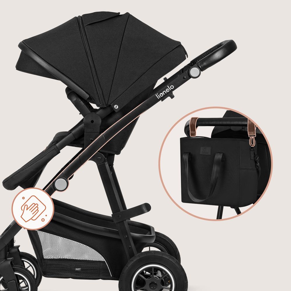 Lionelo Bianka 3in1 Kinderwagen, Autotransporter, Autositz, klappbar, Travel System Rückenlehne verstellbar 360o Räder Polsterung, Verdeck XXL-Schwarz