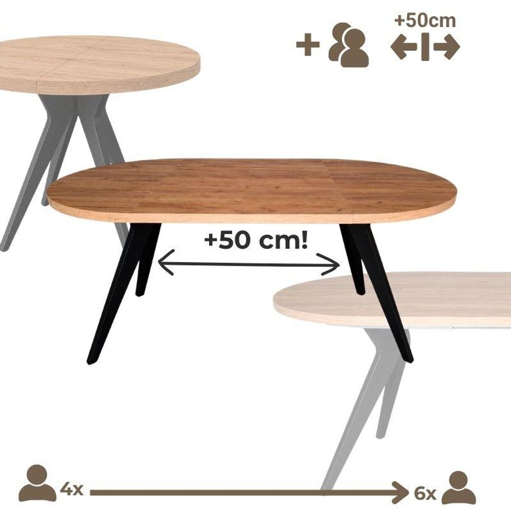 VENTO runder Tisch 100 cm, ausziehbar auf 150 cm, für Küche, Esszimmer, Wohnzimmer, Eiche Craft Golden/Schwarz