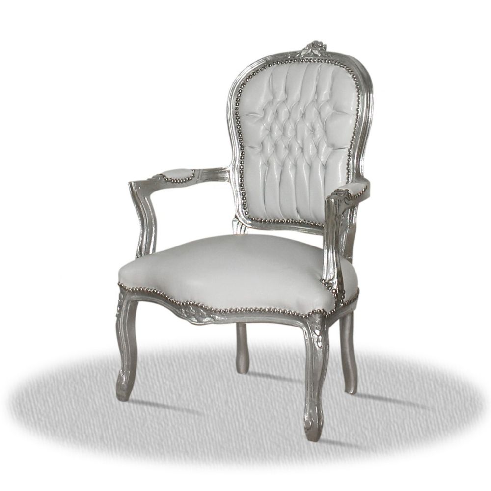 Barockstuhl Barock Stuhl Salon Salonstuhl Armlehne Weiß Silber Kunstleder Esszimmer Wohnzimmer Büro Flur Schminkstuhl Klassisch Premium Luxus Modern