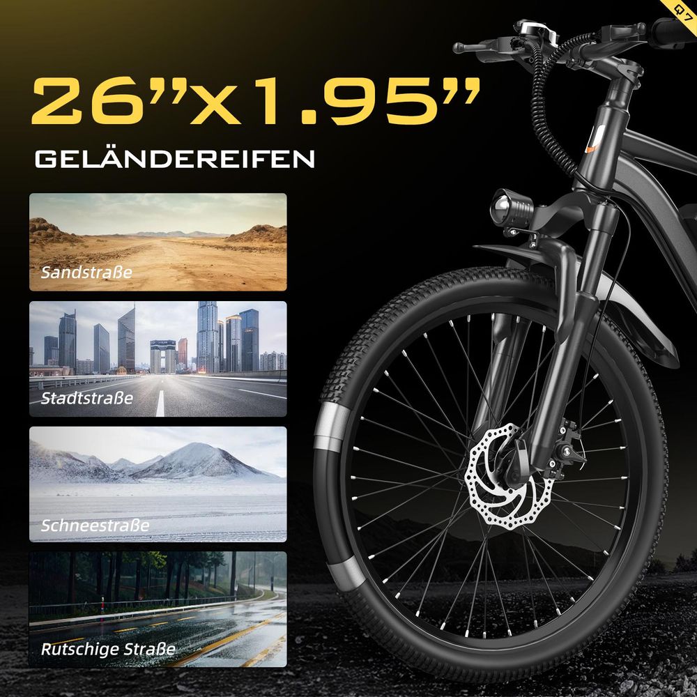 Q7 Elektro‑Mountainbike für Erwachsene, 250W, 25 km/h, Federgabel, Doppelscheibenbremsen, zwei Lademöglichkeiten, 36V All‑Terrain‑Breitreifen