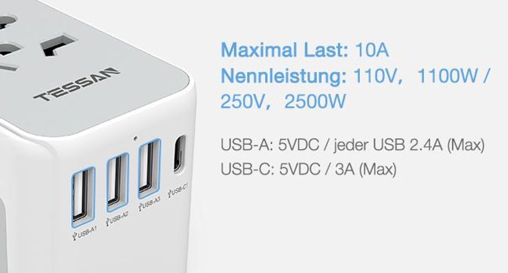 TESSAN Reiseadapter Weltweit Universal Reisestecker mit 3 USB A und 1 USB C Internationaler Steckdosenadapter