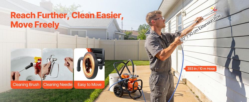 VEVOR Membran-Airless-Farbspritzgerät 2000 W, Rollbares Farbspritzgerät mit 22,75 MPa Hochdruck, 10 m Hochdruckschlauch, Reinigungsnadel und Bürste, für DIY-Sprüharbeiten im Innen- und Außenbereich