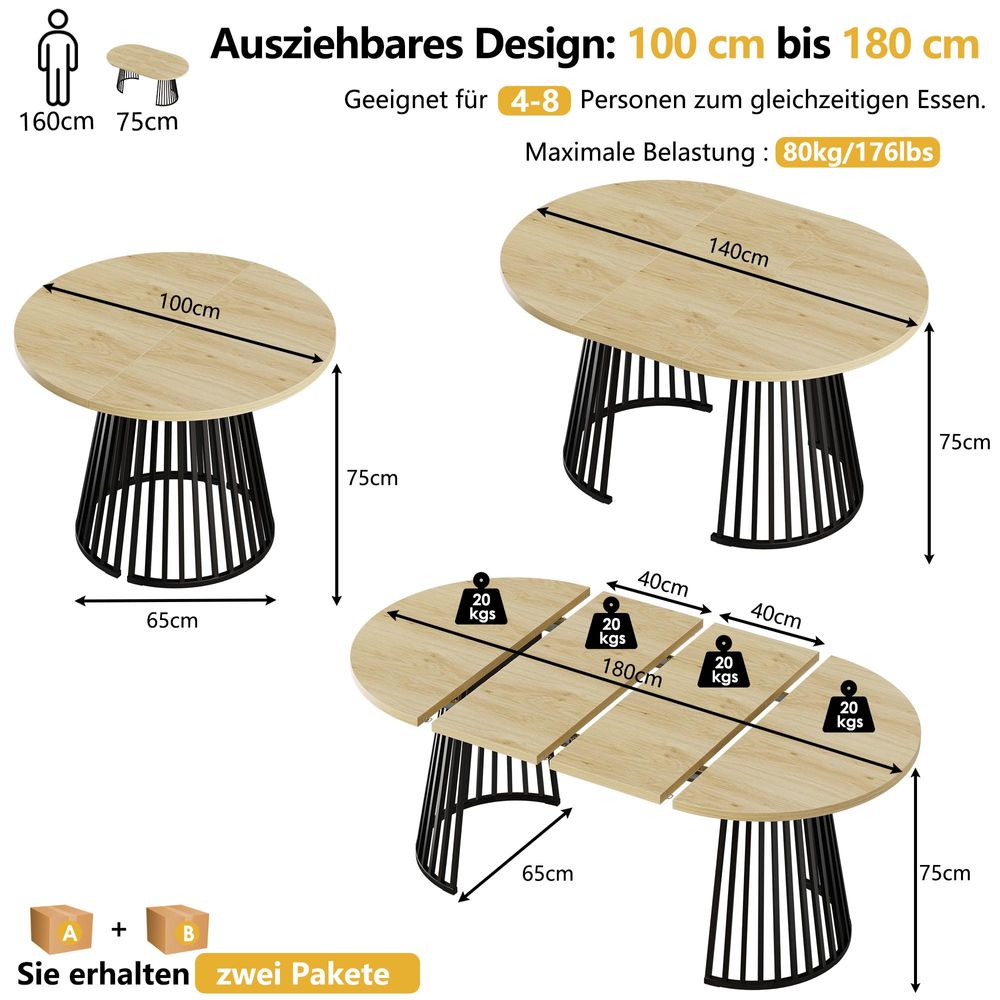 Runder Ausziehbarer Tisch für Esszimmer, 100-180cm 4-8 Personen, Esstisch Skandinavische Loft-Stil Saulengestell mit Rillenstruktu Metallbeinen
