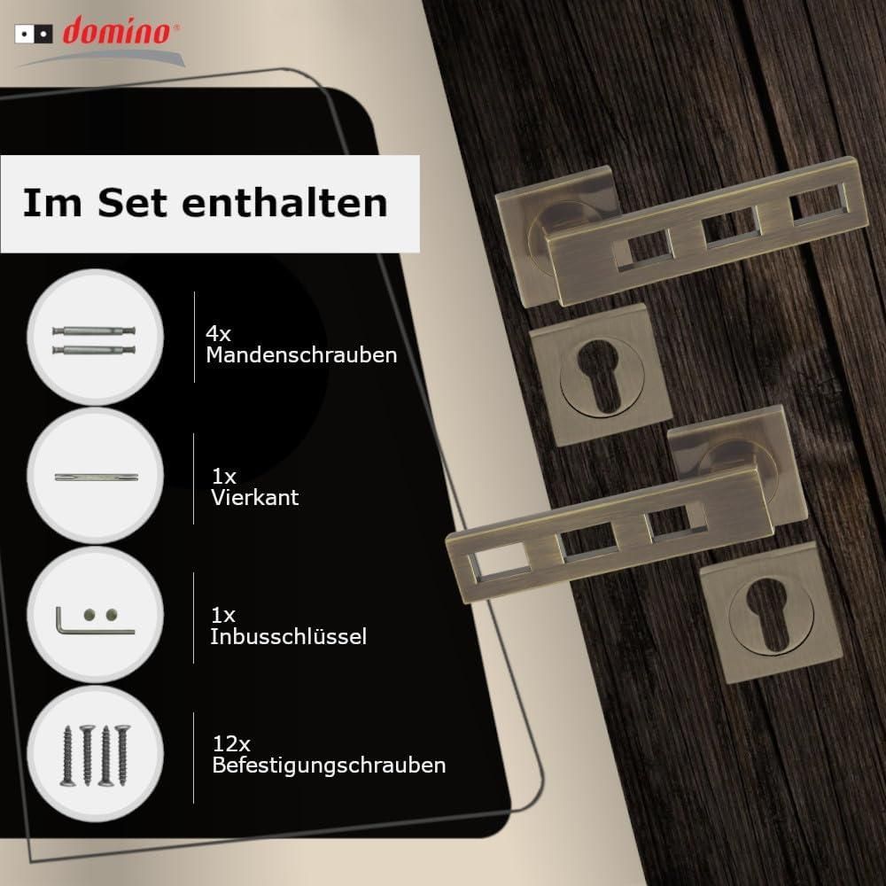 DOMINO Türgriff Drückergarnitur PZ - Profilzylinder Set | Vierkant-Rosette | Türklinke für Zimmertür, Bürotür, Kellertür & Innentür | Türbeschläge aus Aluminium | Bronze Türdrückergarnitur | TRE-QR M3