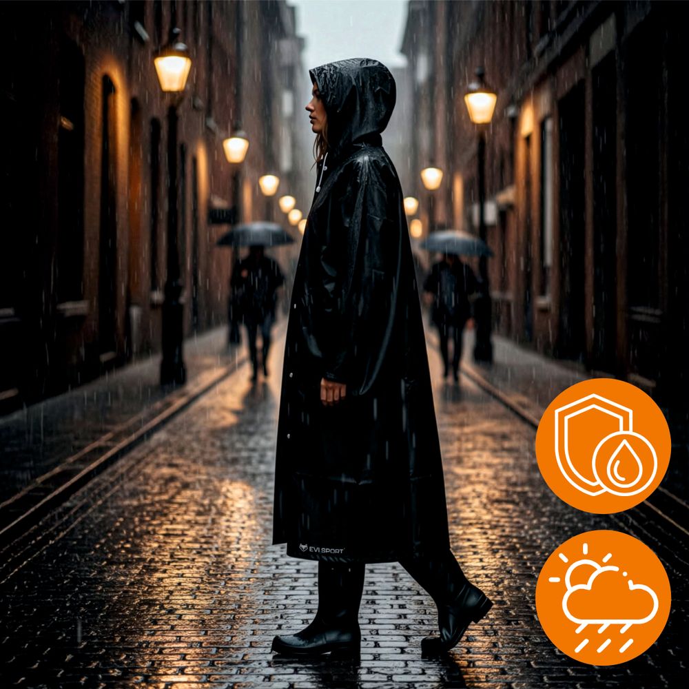 Regenponcho Damen Herren, Regenmantel Wasserdicht aus EVA, Leichter Regenschutz mit Kapuze, EVI SPORT StormGuard Black