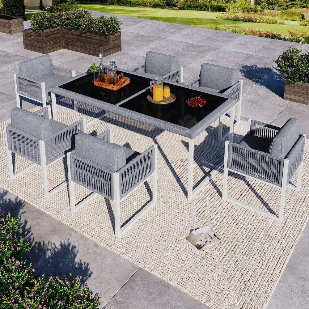 MERAX Gartenmöbel-Set 7-teilig – 6 Stühle & großer Tisch mit gehärteter Glasplatte, Sitzgruppe aus Seil, verzinkter Rahmen & Seilgeflecht – Grau+Weiß