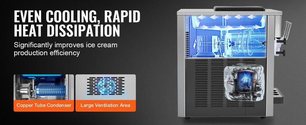 VEVOR Kommerzielle Eismaschine, 1800 W, 3-Geschmacksrichtungen, Softeismaschine Arbeitsplatte, 2 x 4 L Trichter, 2 x 1,8 L Zylinder, LCD-Bildschirm, Automatische Reinigung, Vorkühlung