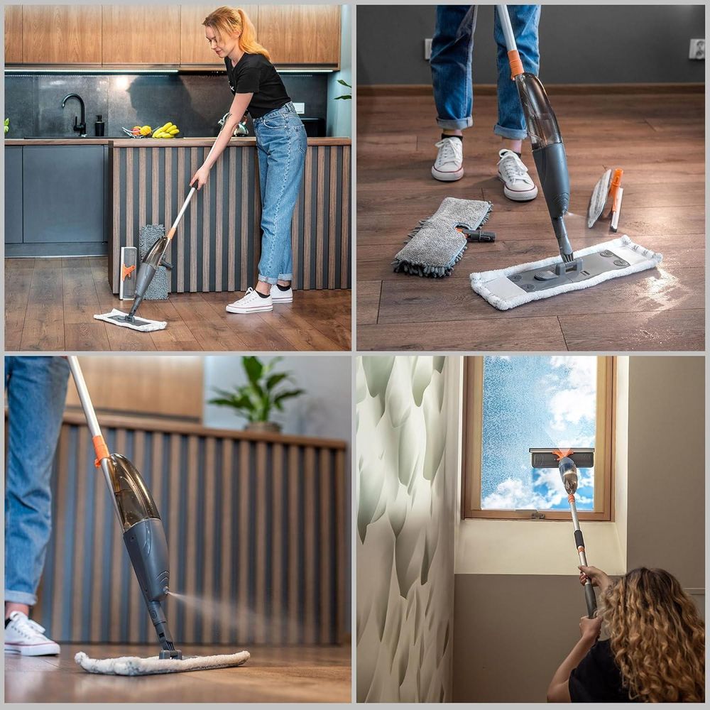 KADAX Flachmopp, Bodenwischer mit Wasserbehälter, Wischer mit Sprühfunktion für schnelle Reinigung, Wischmopp für Bodenreinigung, Reinigungsgerät (Grau/Orange)