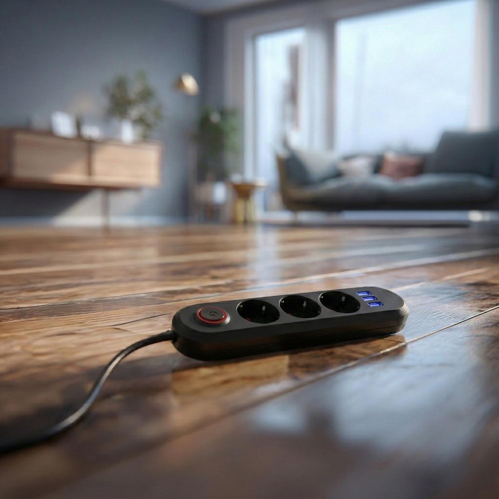 Maclean Steckdosenleiste 3-Steckdosen-Verlängerungskabel + 3xUSB 110-240V AC 50/60Hz 2,1A max 2500W 1,5m schwarz MCE394 B